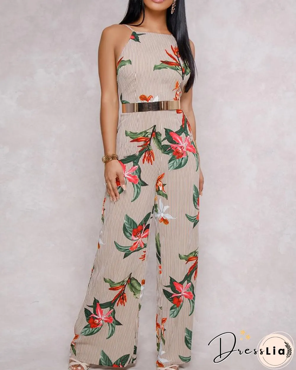 Floral Printed Halter Open Back Casual Wide Leg Jumpsuit