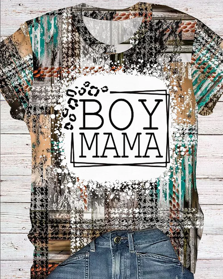 Boy Mama Western Print Round Neck Short Sleeve T-shirt