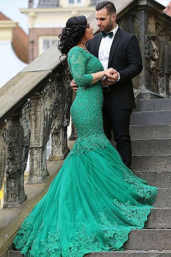Bellasprom Mermaid Emerald Green Evening Dress With Lace Appliques Long Sleeves