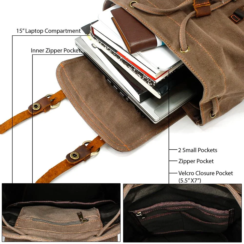 Vintage Canvas Backpack for Men Leather Rucksack Knapsack 15 inch Laptop Tote Satchel School Military Army Shoulder Rucksack Hiking Bag