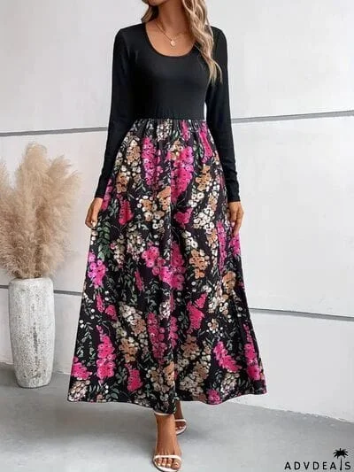 Floral Round Neck Long Sleeve Maxi Dress