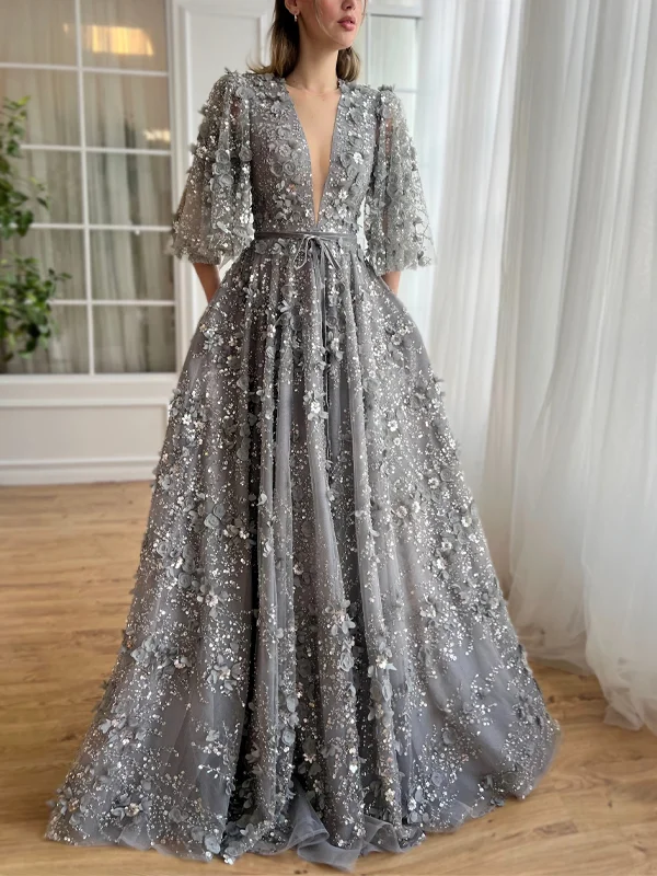 Deep V Three-Dimensional Flowers Maxi Dress