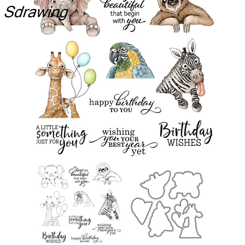 Sdrawing Cute Animals Zoo Cutting Dies Clear Stamp Scrapbooking Accessories DIY Metal Cut Dies Silicone Stamps For Cards Decor
