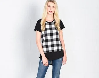 pornhint Pornhint Black and white plaid bamboo tunic top with black sleeves and high low hem/ Arlette top