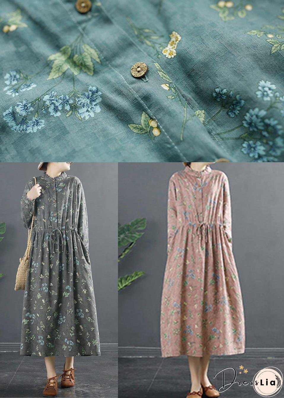 Vivid Drawstring Spring Long Design Gray Print Dresses
