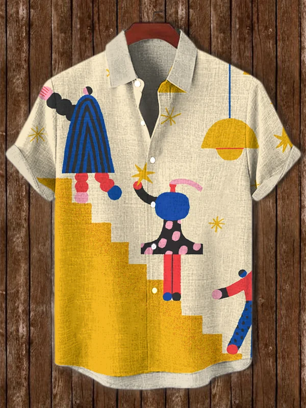 Men's Funny Cartoon Geometric Printed Short Sleeve Shirt