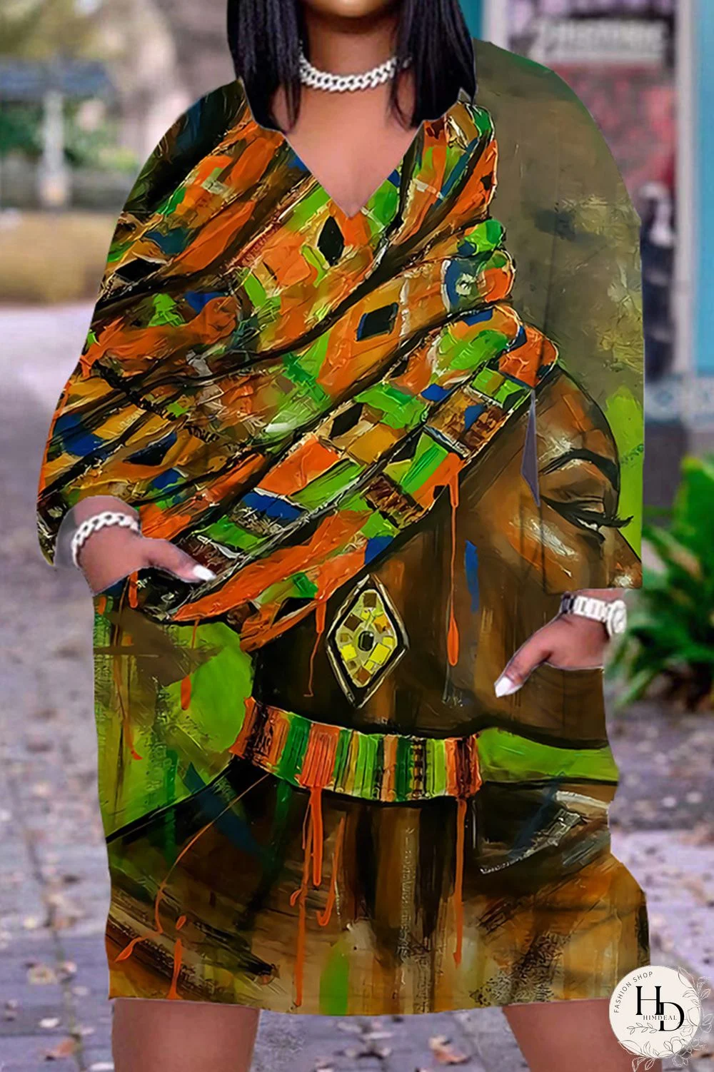 Black Orange Fashion Casual Print Patchwork V Neck Long Sleeve Dresses