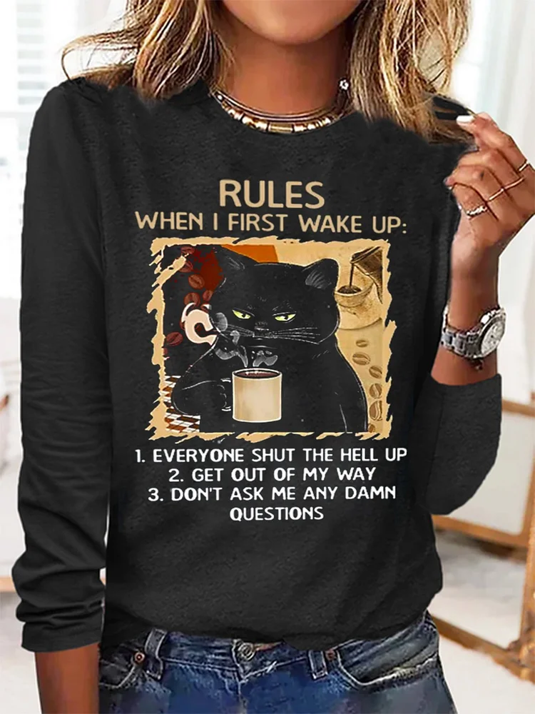 Women Black Cat Rules Cotton-Blend Simple Long Sleeve Tops