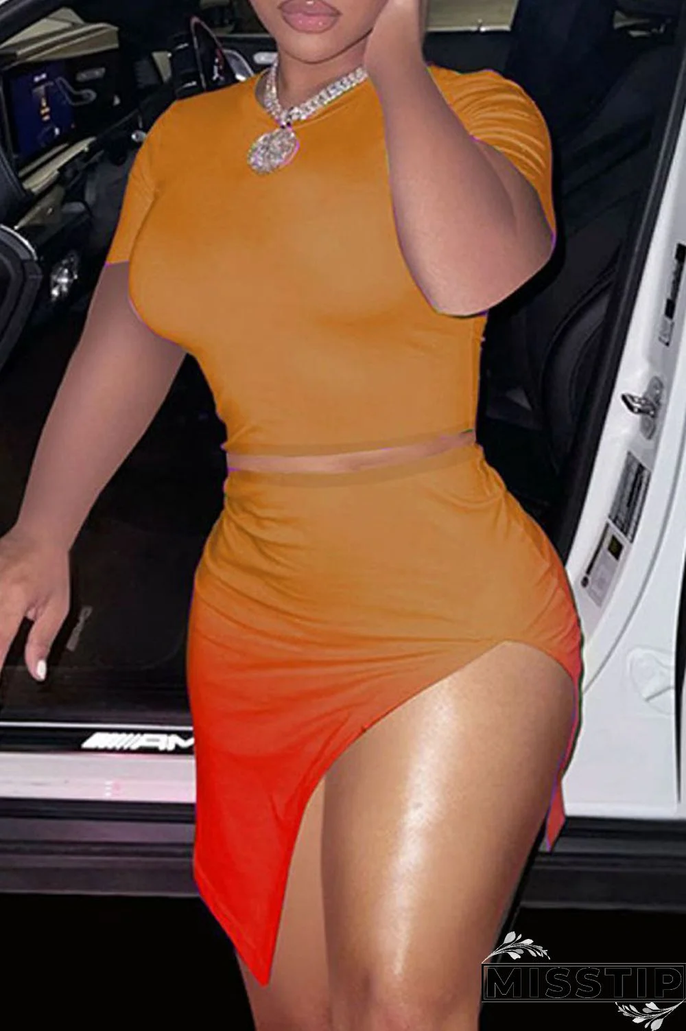 Orange Fashion Sexy Gradual Change Print Slit O Neck Short Sleeve Two Pieces