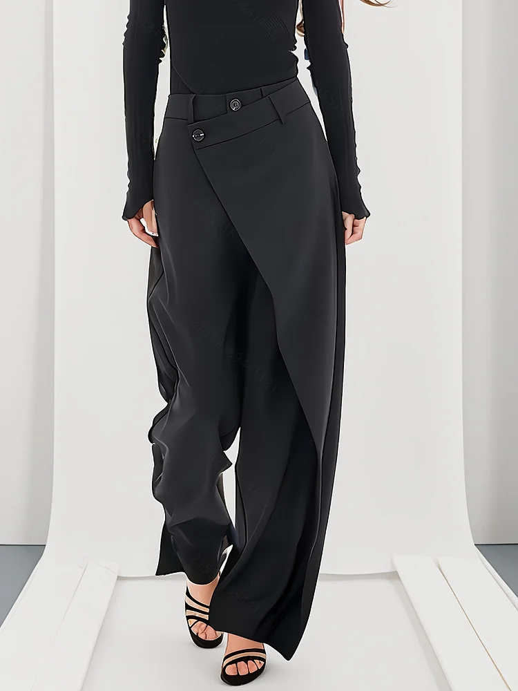 A Pair Of Elegant, Irregular High-Waisted Wide-Leg Trousers For Women, Perfect For Spring And Summer, That Create A Effect
