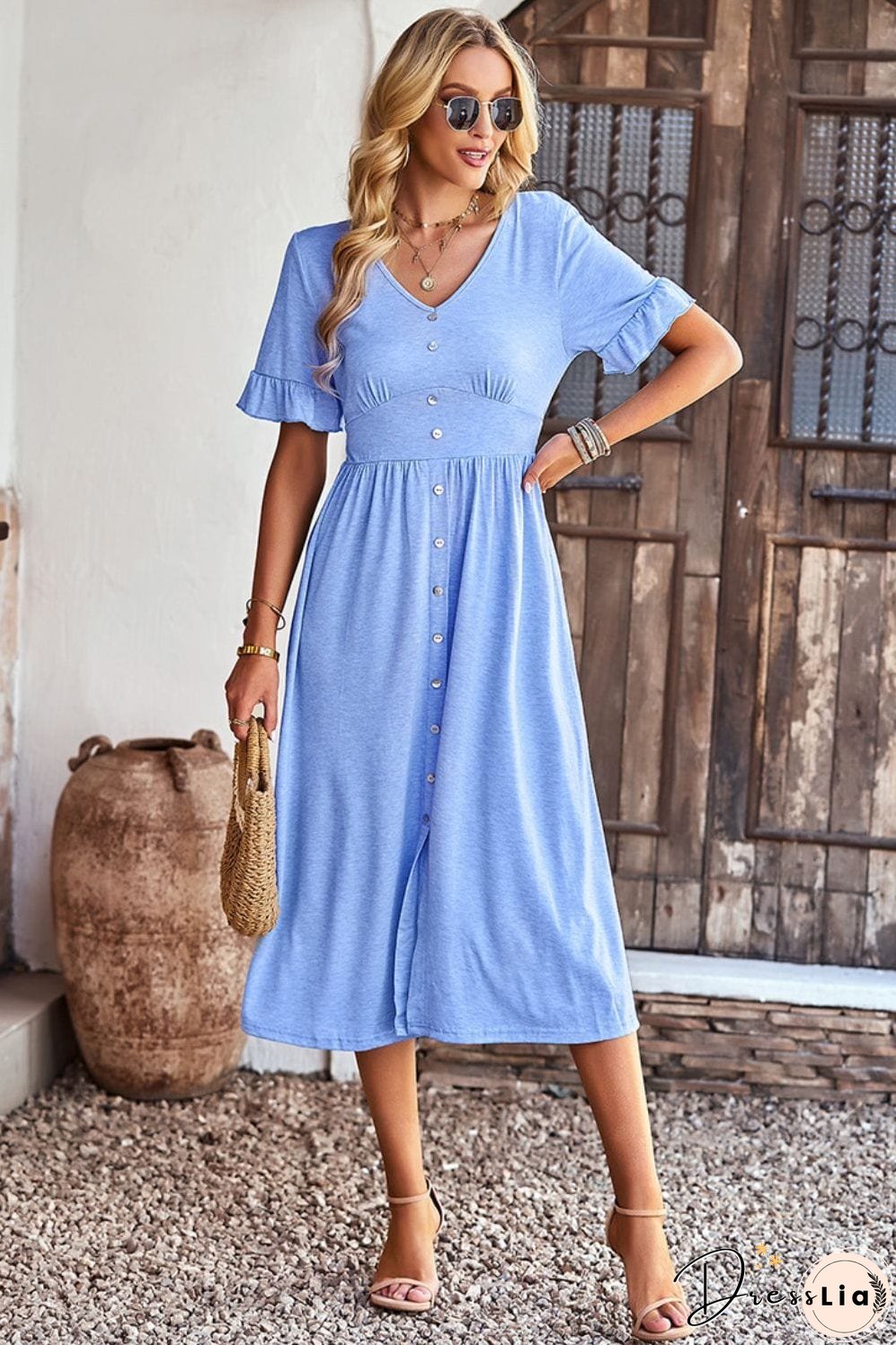 Gathered Detail Buttoned V-Neck Midi Dress