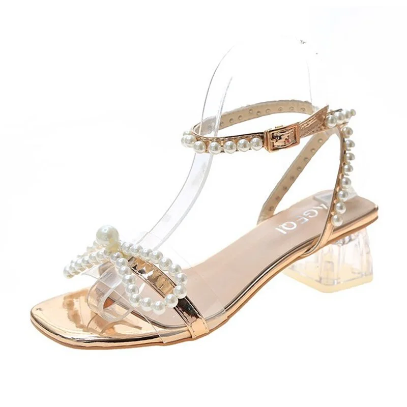 Fashion Ankle Strap Pearls Sandals Women 2022 Summer PVC Transparent Heels Sandalias Mujer Beaded Bow Party Shoes Woman