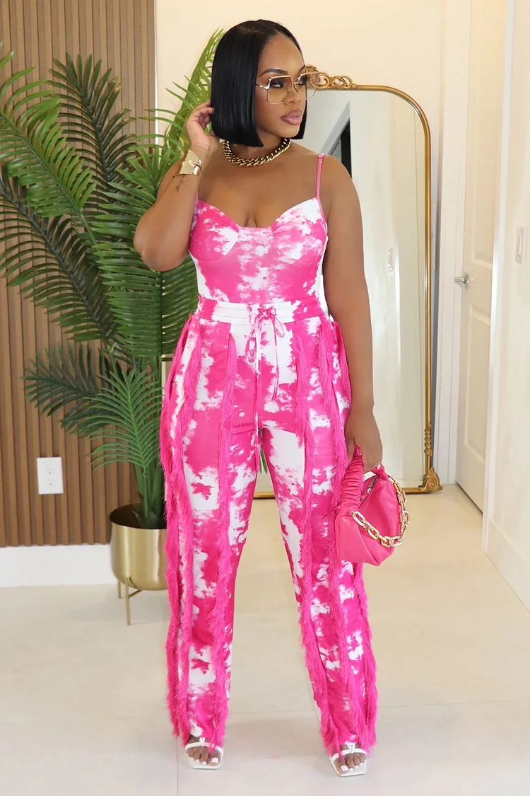 Tie Dye Cami Top Fringe High-Rise Pants Vacation 2pcs Set-Fuchsia [Pre Order]