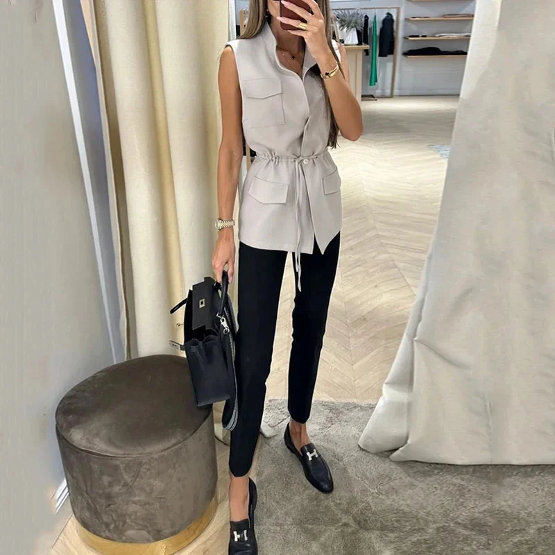 Toloer Toloer 2023 New Solid Color Lapel Sleeveless Lace Vest Jacket Casual Suit Female-Outfit Ideas
