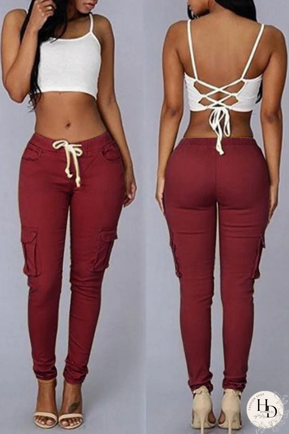 Burgundy Fashion Casual Solid Basic Regular Mid Waist Trousers