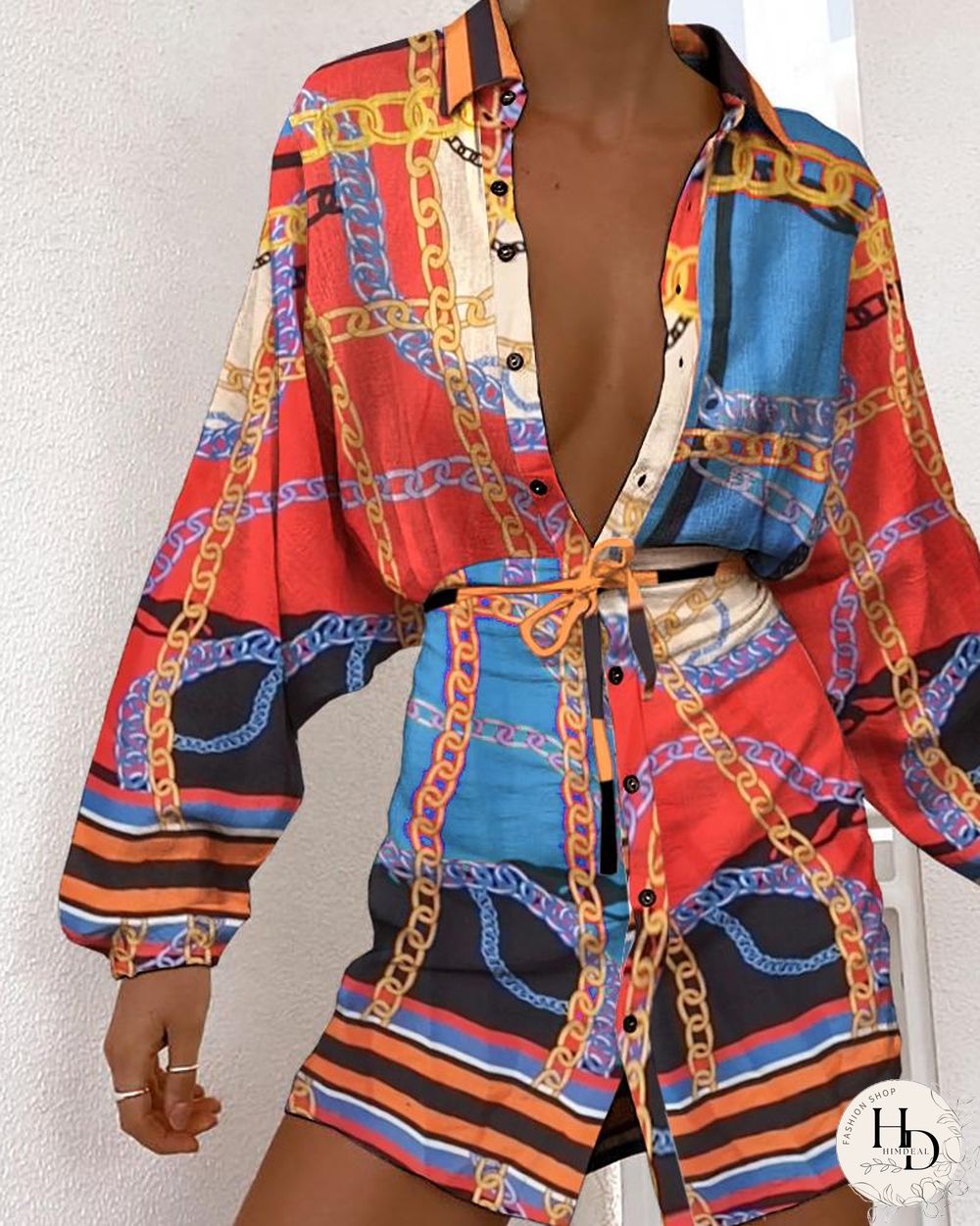 Scarf Print Button Design Long Sleeve Shirt Dress