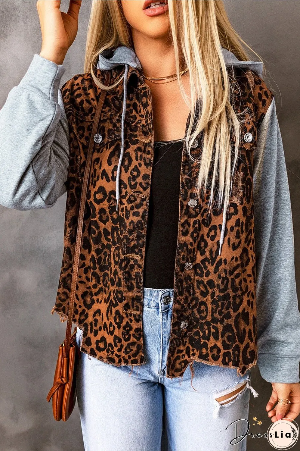 Leopard Distressed Drawstring Hooded Denim Jacket