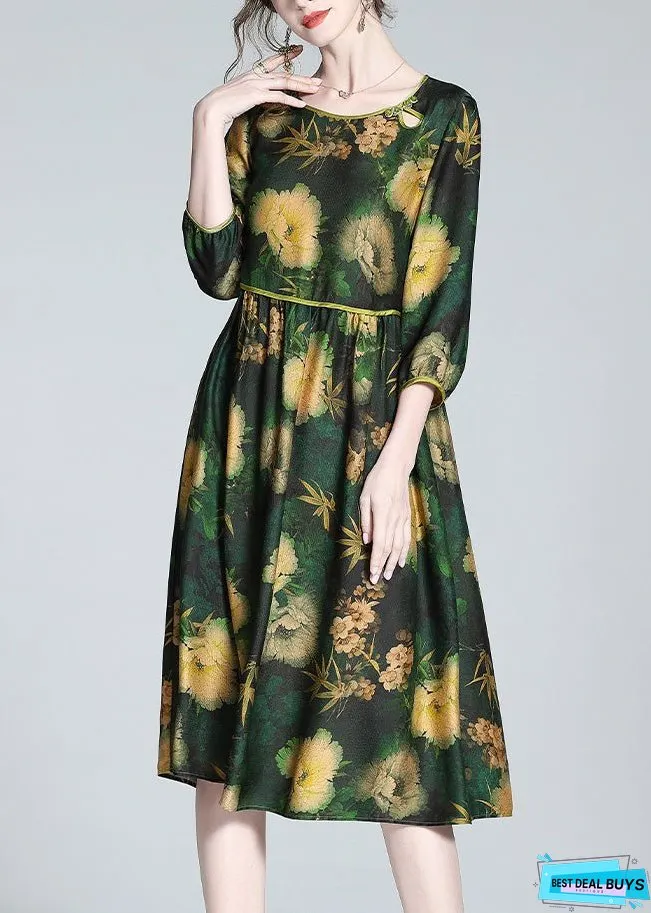 Stylish Green O-Neck Print Wrinkled Silk Long Dresses Spring