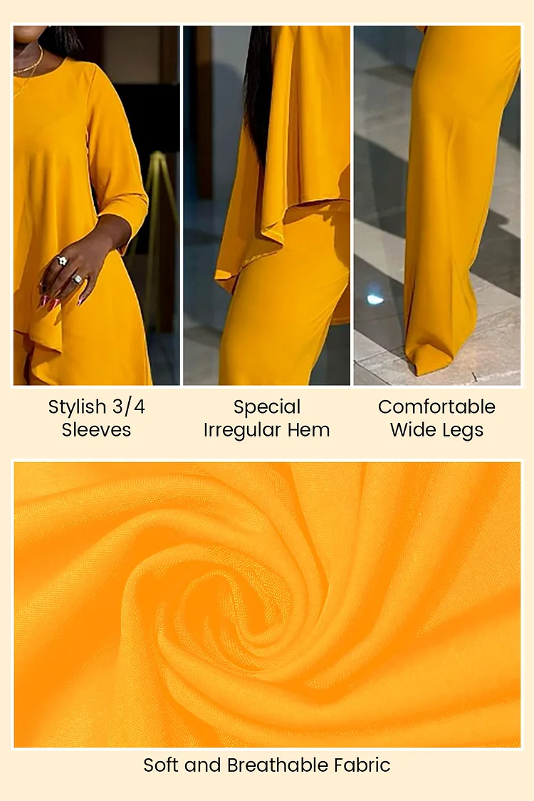 Xpluswear Design Plus Size Casual Pant Set Yellow Round Neck Short Sleeve  Irregular Two Piece Pant