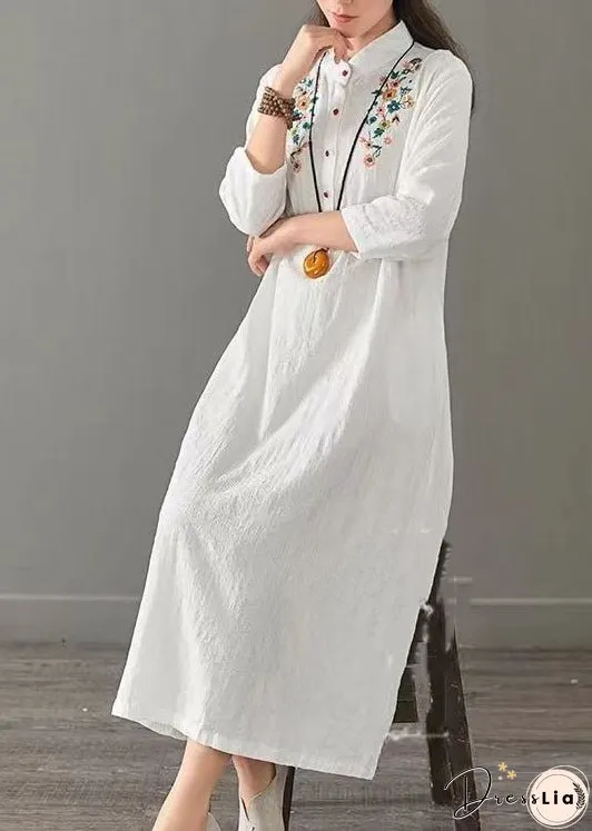 White Patchwork Cotton Long Dress Embroideried Stand Collar Fall