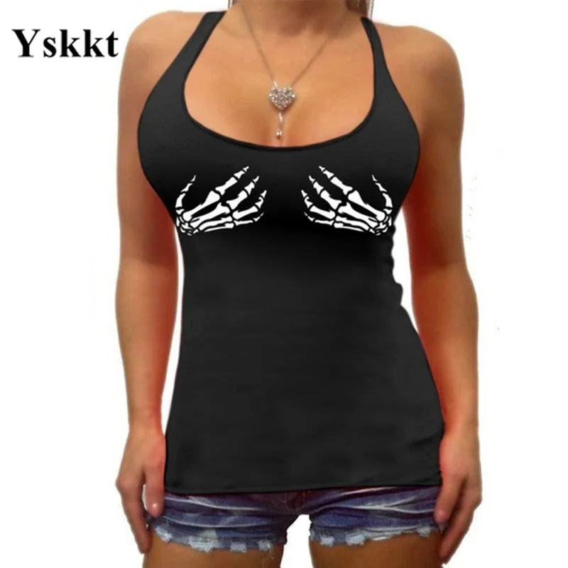Tank Tops Women Skull Fingers Print Sleeveless Tshirts Summer Casual Polyester Goth Graphic Tees Gym Vest Tops T-shirts