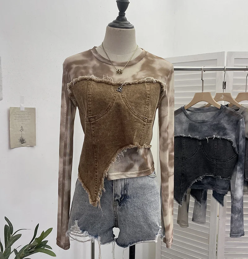 Uveng Vintage Dye Mesh Spliced Denim Shoulder Long-Sleeved T-Shirt T-Shirt T-Shirt Dress 2617