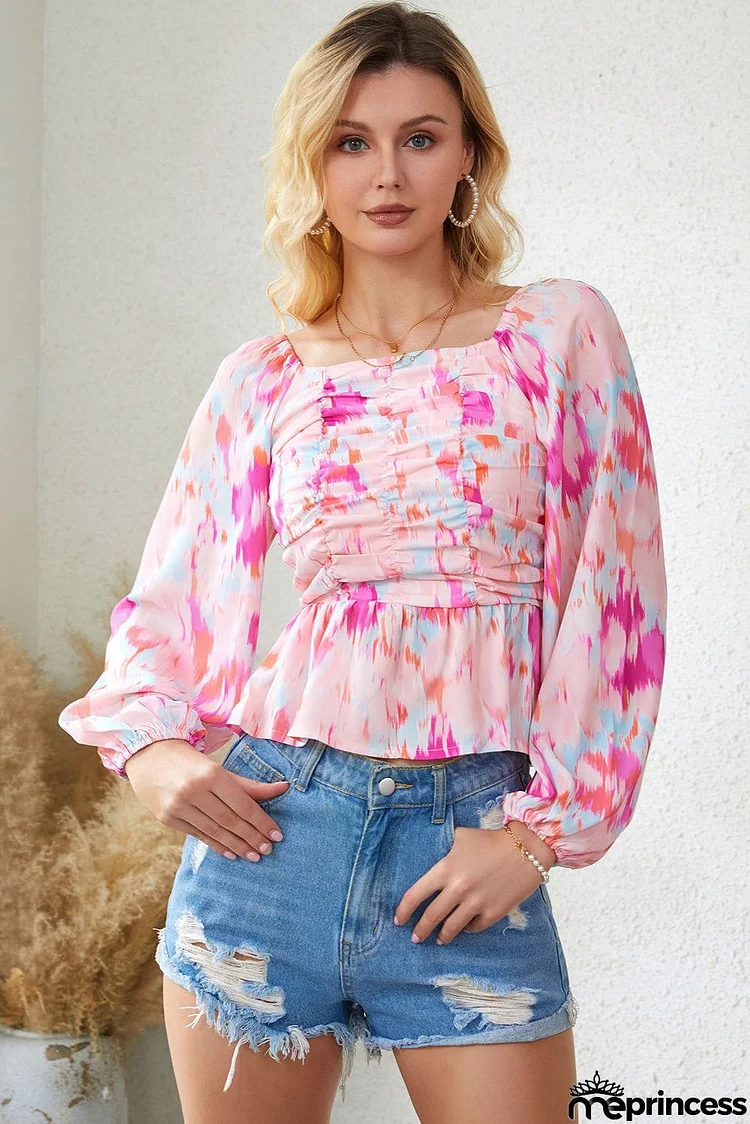 Printed Square Neck Raglan Sleeve Blouse