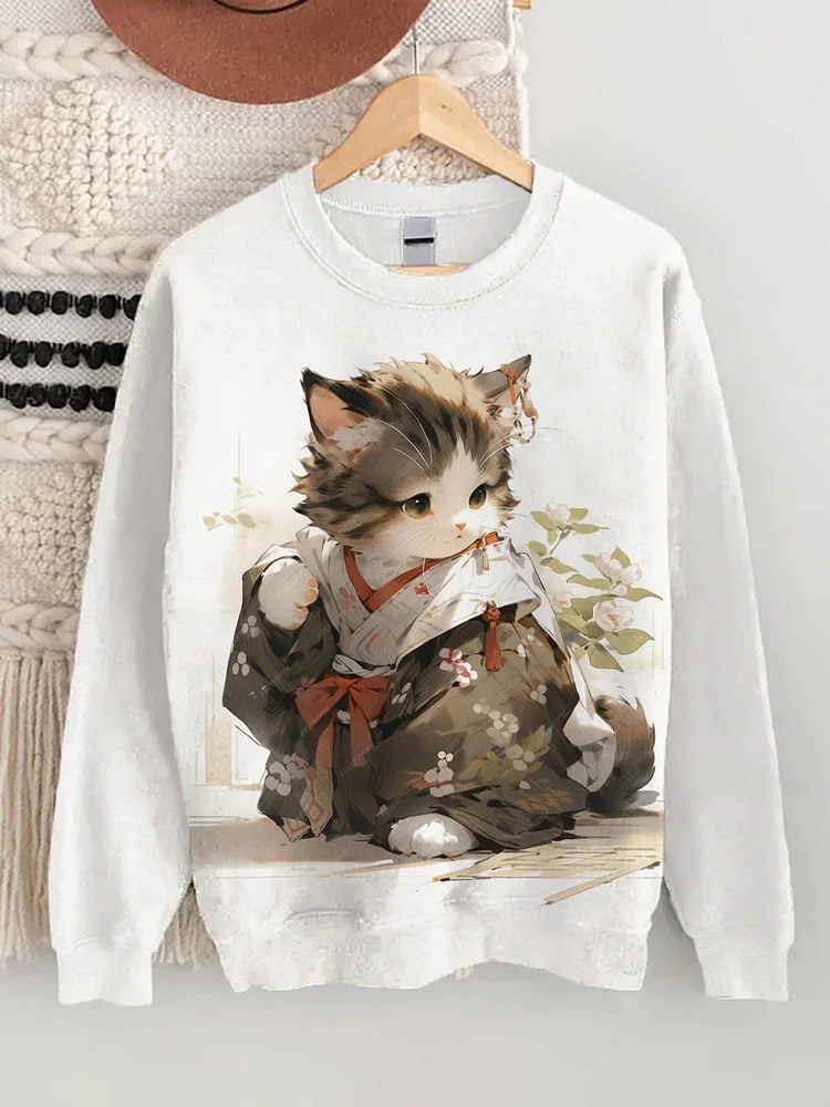 Women's Cute Japanese Kimono Cat Art Print Casual Sweatshirt