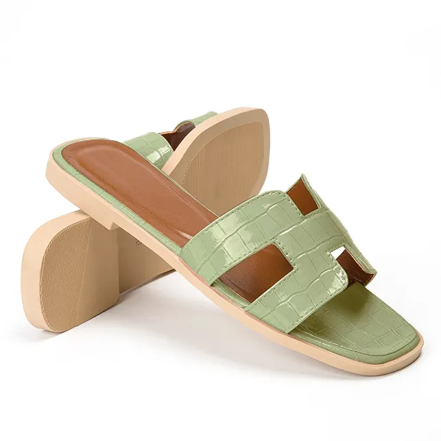 Womens Square Open Toe Summer Casual Flat Crocodile Slippers-vocosishoes