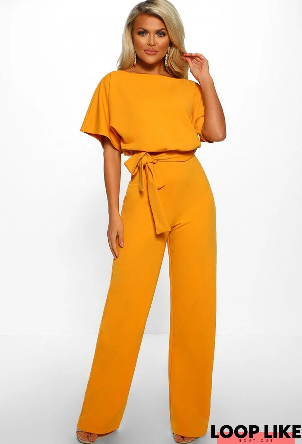 Button Lace-Up Short-Sleeved Jumpsuit