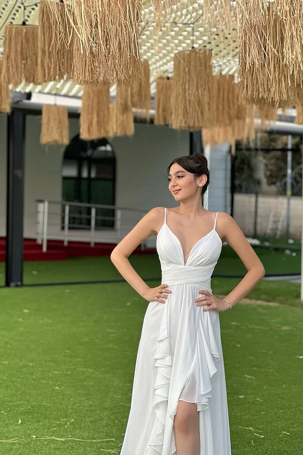 Daisda White Sleeveless Spaghetti Straps V-Neck A-Line Prom Dress