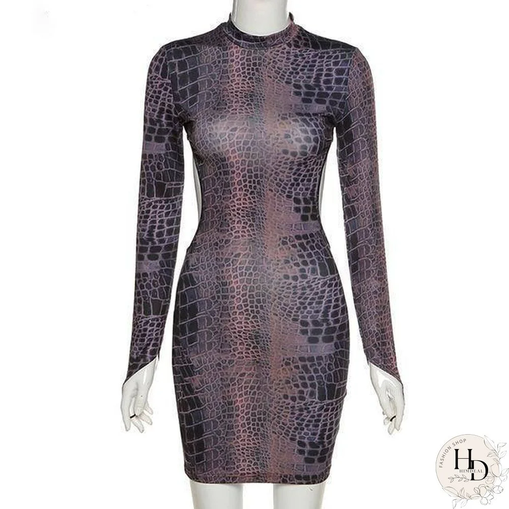 Simenual Snake Print Backless Fall Women Party Dresses Long Sleeve Fashion Skinny Bodycon Clubwear Sexy Hot Mini Dress Slim