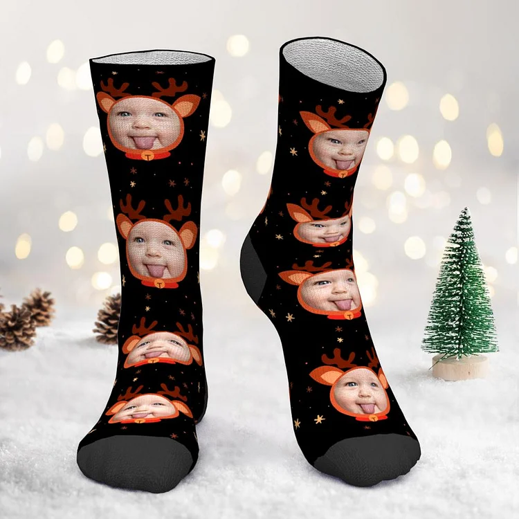 Custom Photo Socks Christmas Fawn Face Socks