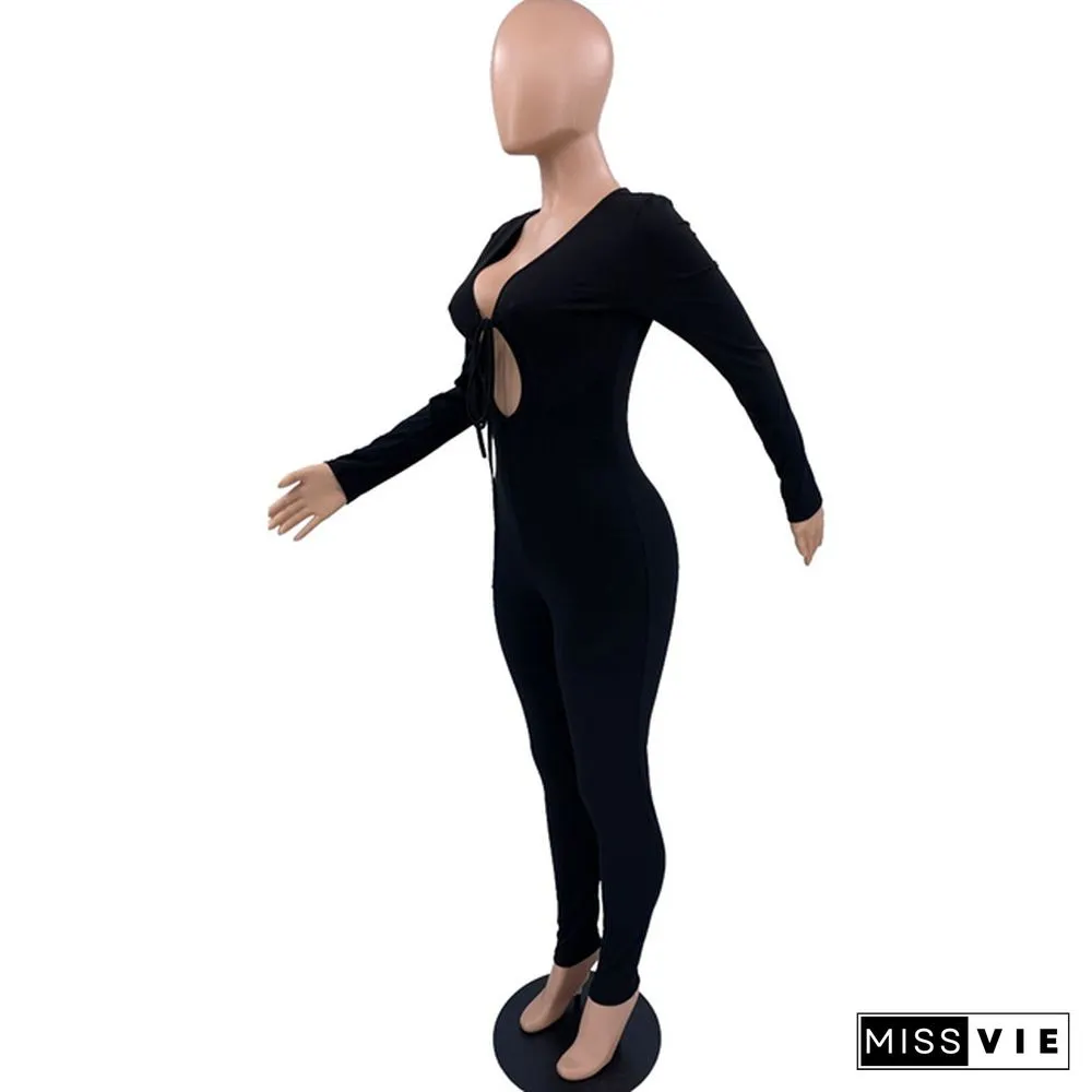 Lace Up Cut Out Long Sleeve Bodycon jumpsuit