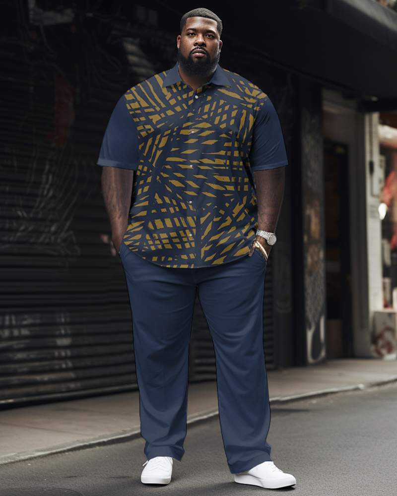 Colorblock Geometric Pattern Large Size Classic Printed Men's Short-sleeved Pants Set
