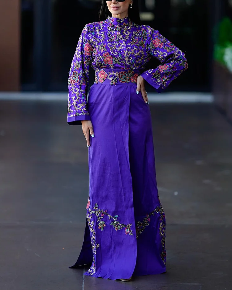 Women's Long Sleeve Slit Embroidery Dress
