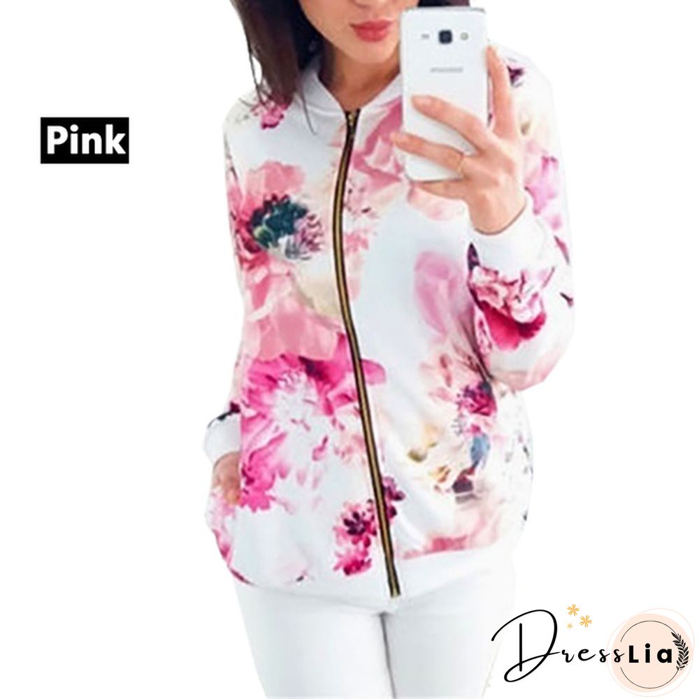 New Spring Aturmn Fashion Womens Retro Floral Zipper Bomber Jacket Baseball Casual Coat Female Tops Plus Size S-5XL
