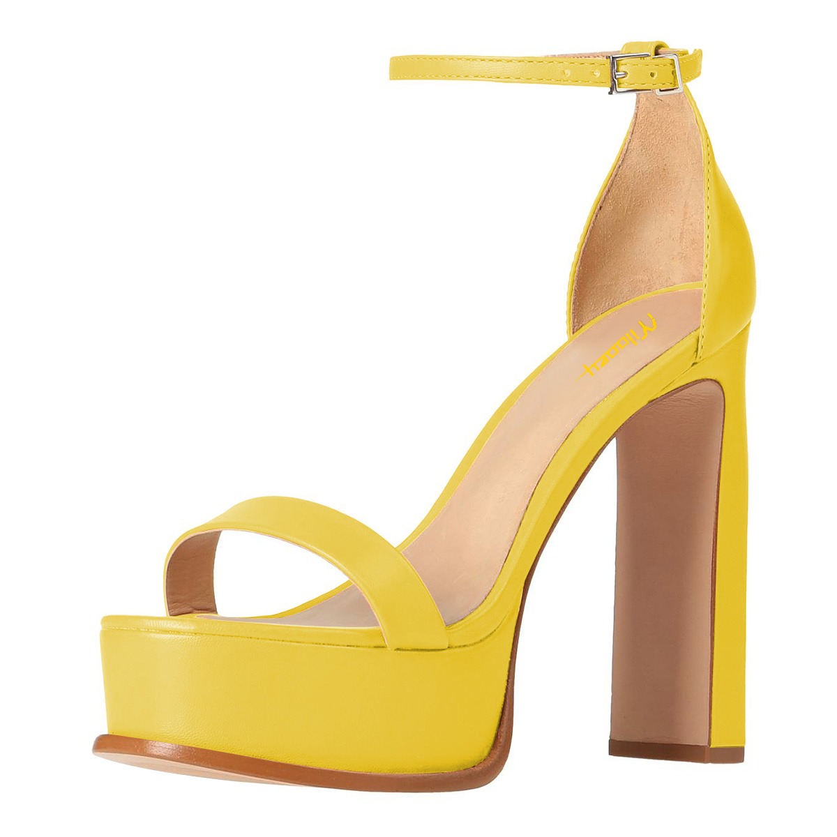 Yellow Open Round Toe Ankle Strap Chunky Heel Platform Sandals Nicepairs