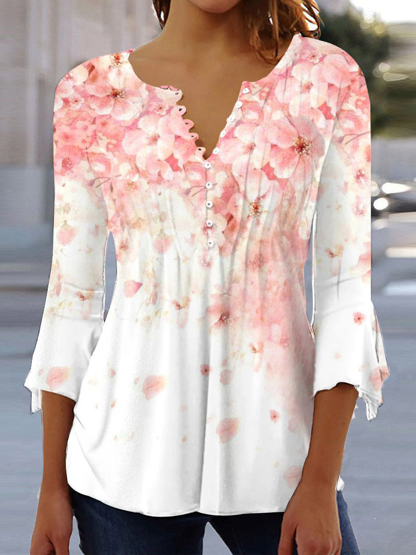 Women's Floral Printed 3/4 Sleeve V-neck Top
