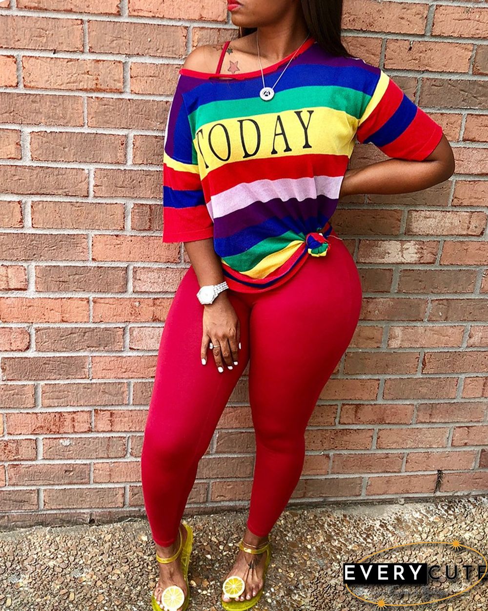 Striped Letter Print Top & Plain Pants Set