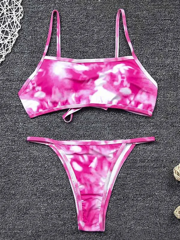 Tie-Dyed Printed Spaghetti-Neck Split Bikini Swimsuit