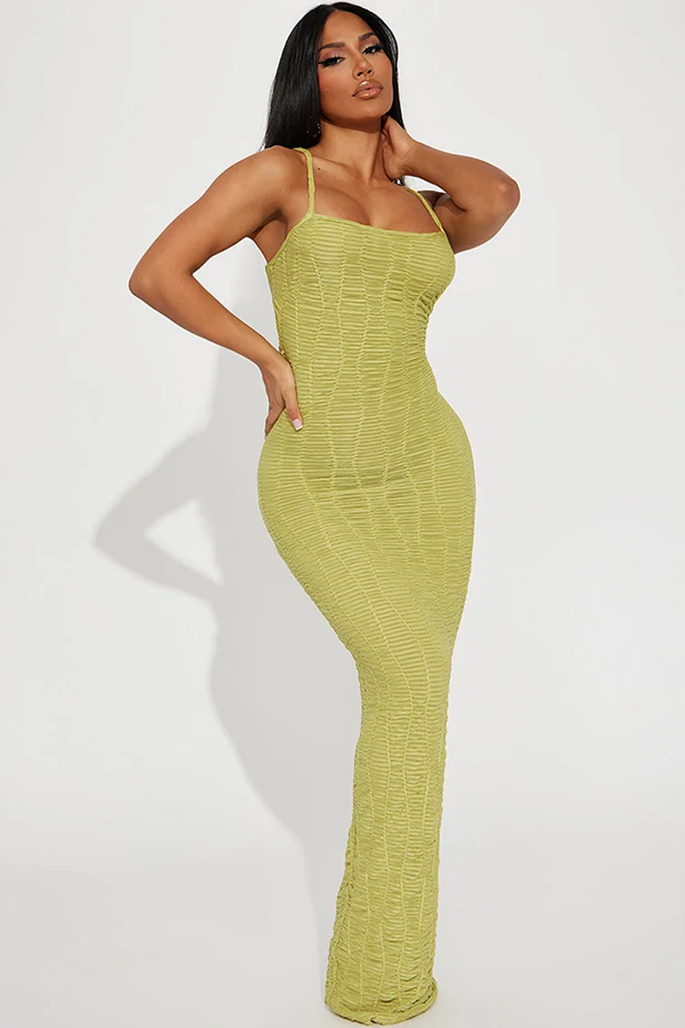 Square Neck Ruched Bodycon Slip Maxi Dress