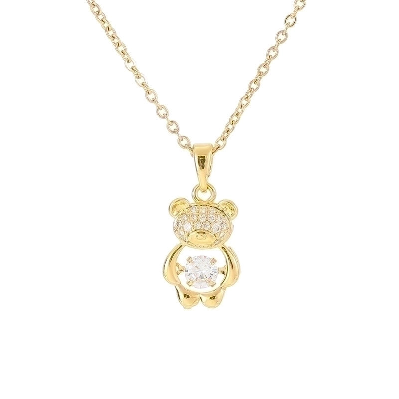 Cute Sweet Little Bear Titanium Steel Plating Inlay 18K Gold Plated Zircon Pendant Necklace