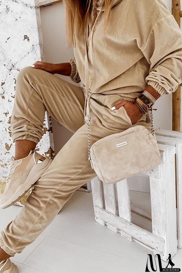 MidiSono - Velvet Drawstring Hooded Joggrt Set