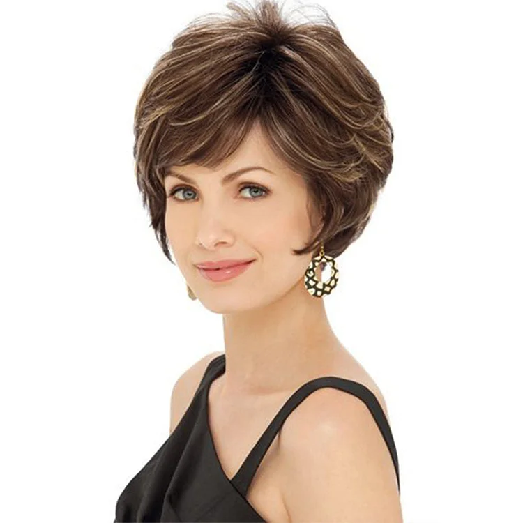Highlights Brown Mixed Blonde with Bangs Womens Wigs