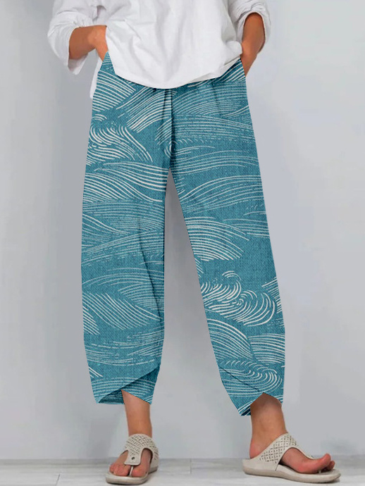 Comstylish The Water Pattern Linen Blend Cropped Casual Pants