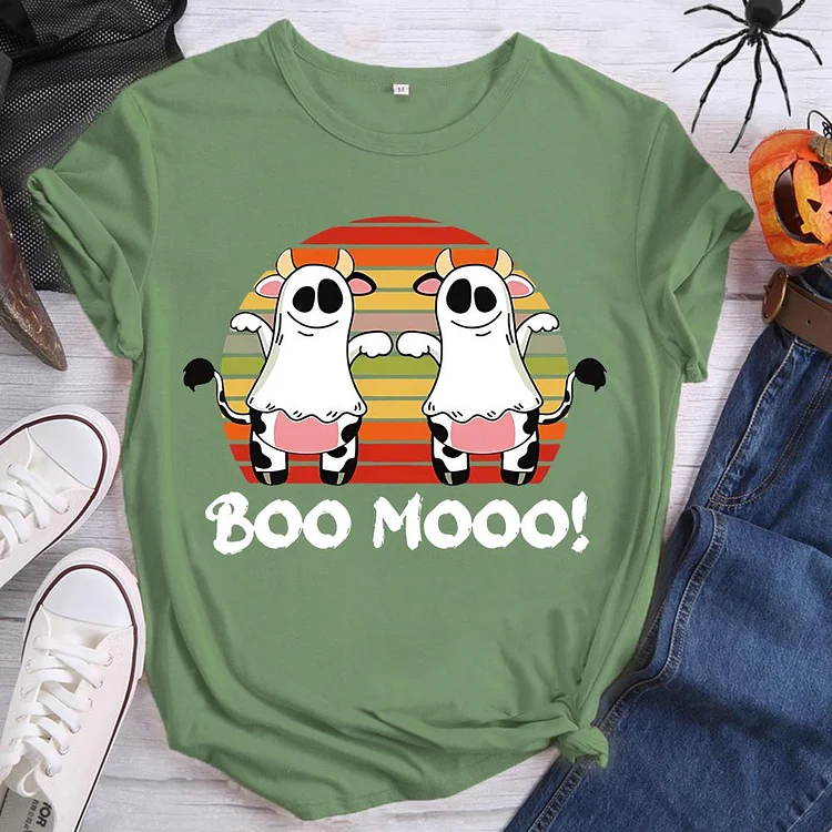 Boo Mooo Halloween Round Neck T-shirt-0019070