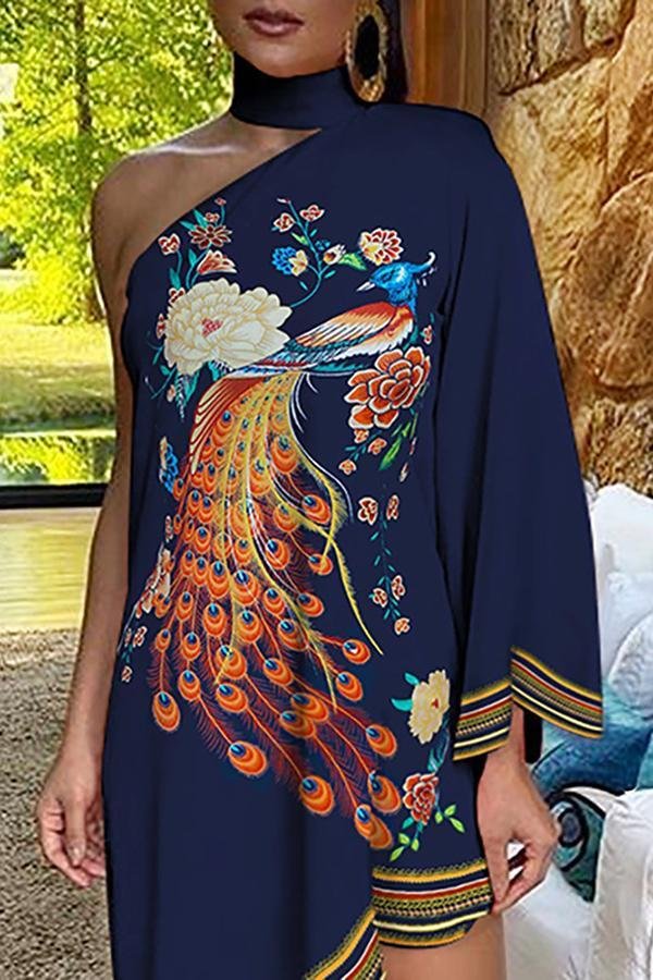 2022  Asymmetrical Ruffled Sexy Elegant Print One-sleeve Dress