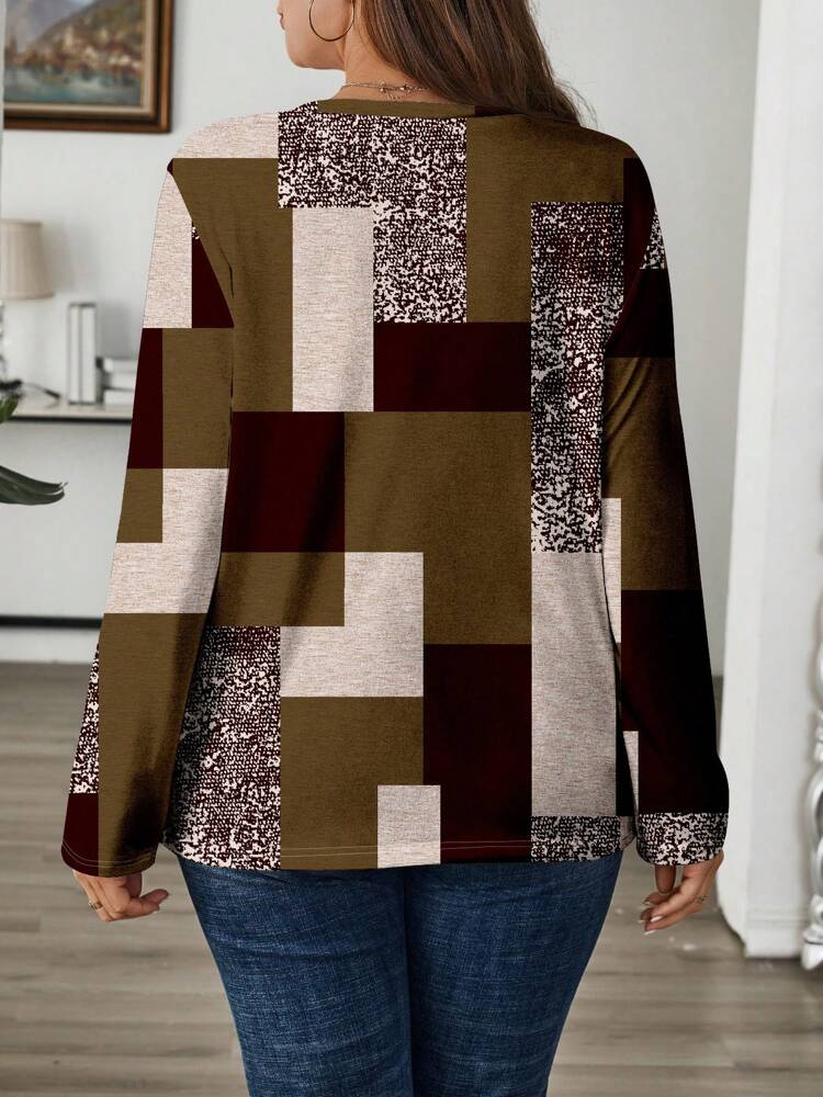 Plus Size Womens Vintage Casual Color Block Print Round-neck Long Sleeve T-Shirt Autumn