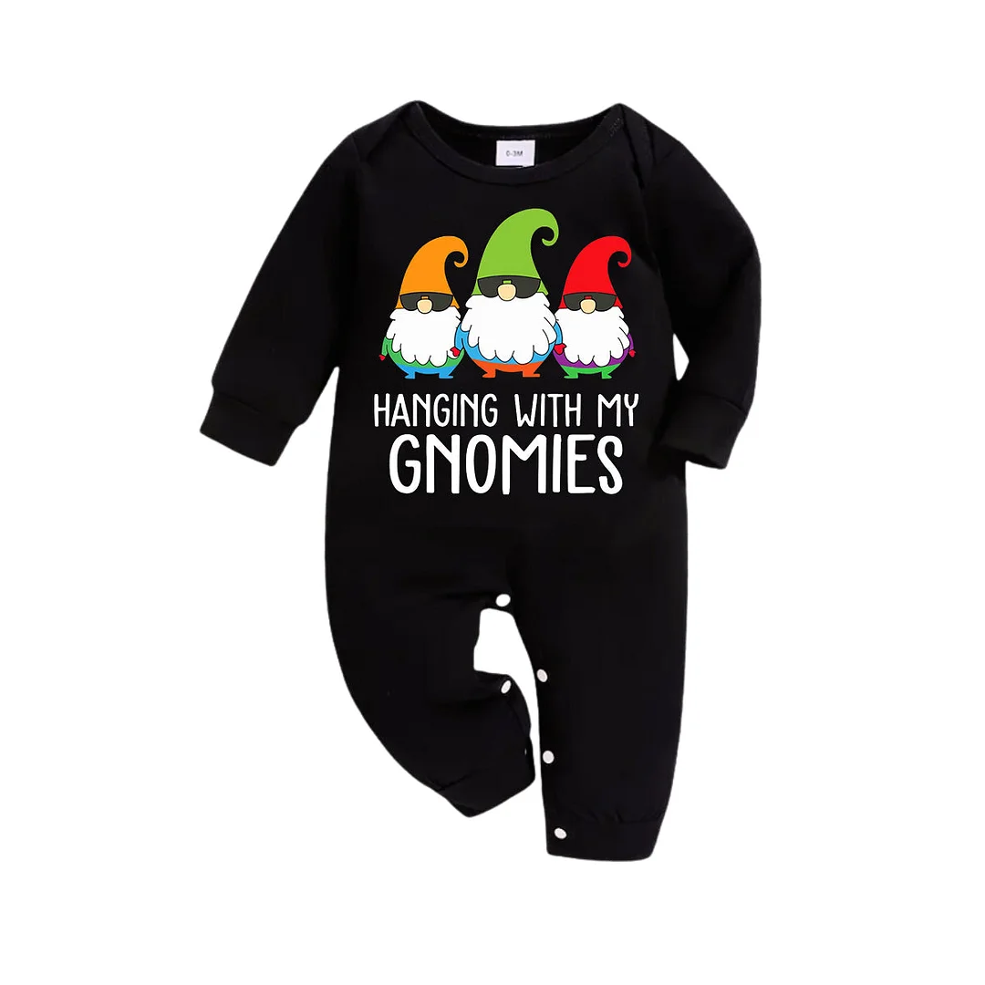 Three Santas "HANGING WITH MY GNOMIES" Monogram Print Black Long Sleeves Top with Classic Red and Green Plaid Pants Family Matching Pajamas